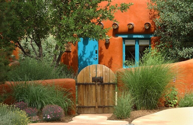 Orange adobe cottage in Santa Fe