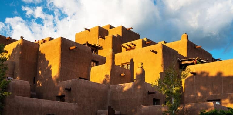 Pueblo-style architecture in Santa Fe at sunset