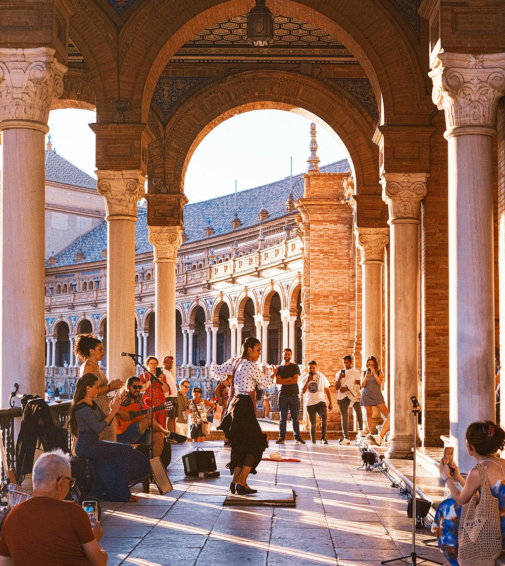 Dancer and Musicians at Spain Square in Sevilla