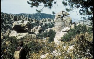 Hiker among rock hoodoos in Chiricahua National Park